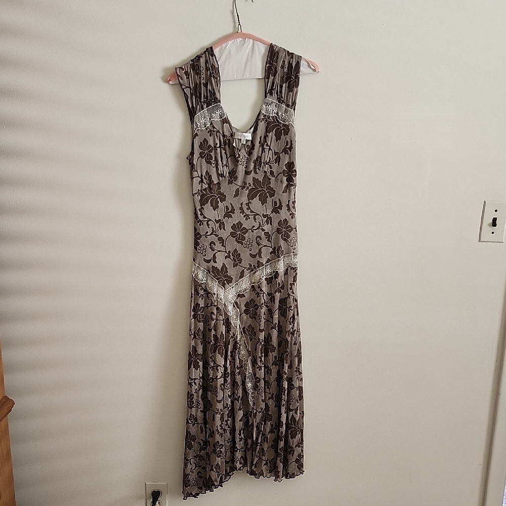 Kookai Y2K Style Brown Taupe Sleeveless Midi Sundress Lace Detail Asymmetrical